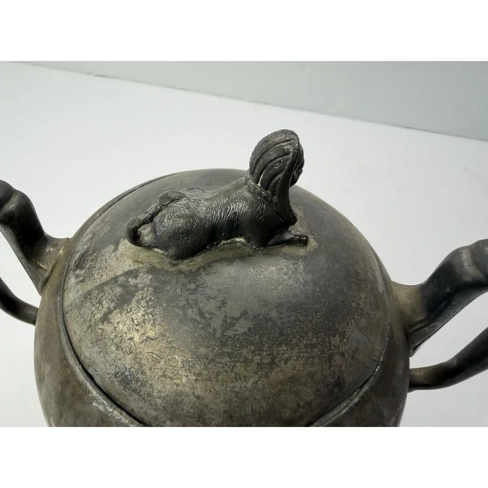 Antique Simpson Hall Miller Sphinx Deer Heads Silver Plate‎ Sugar Bowl Engraved